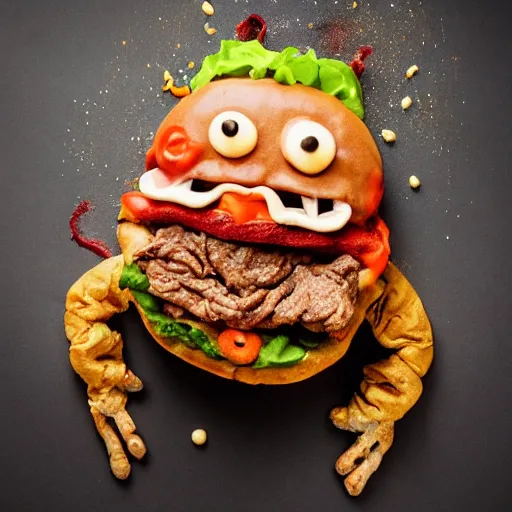 Image similar to a humanoid bipedal upright zombie that strongly resembles a hamburger, professional food photography