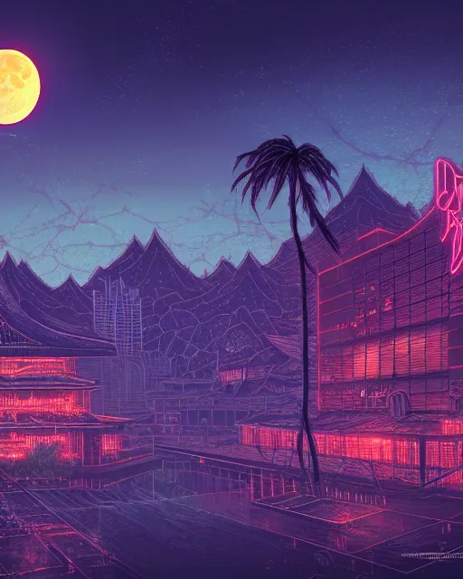 Image similar to reclaimed by nature by moon hoon, darkacademia atlantis cosmic san andreas at dawn neon signs tokyo synthwave universe, archdaily, wallpaper, highly detailed, trending on artstation.