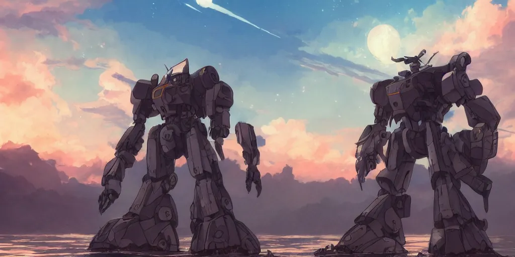 Image similar to Mecha standing near the river, beautiful landscape made by Studio Ghibli, volumetric lighting, highly detailed art, concept art, Greg Rutkowski, Ayami Kojima, James Jean, Yoshitaka Amano, sunset, beautiful scene, shooting stars, sharp focus, smooth, 8k, anime art,depth of field, dynamic sky