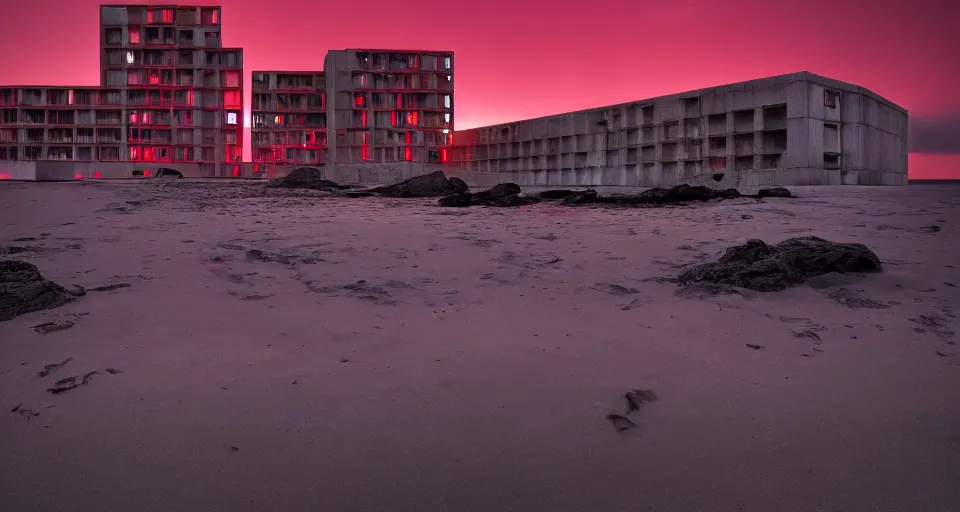 Prompt: seaside brutalist building bathed in crimson light, night, dark, by Cédric Peyravernay