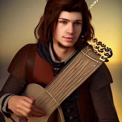 Image similar to a digital art close up portrait of young barnes courtney bard from fantasy world, handsome young man bard with lute character sheet, 4 k, ultra detail, volumetric lighting, unreal engine, octane render