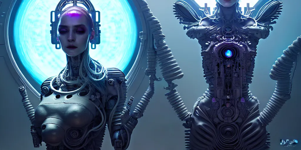 Image similar to ultra detailed female android deity, altar, futuristic gothic environment, ethereal flowerpunk, scifi, fantasy, cyberpunk, octane render, megalopolis, unreal engine, asymmetrical!!! intricate concept art, triadic color, art by artgerm and wlop and giger and greg rutkowski and alphonse mucha, 8 k