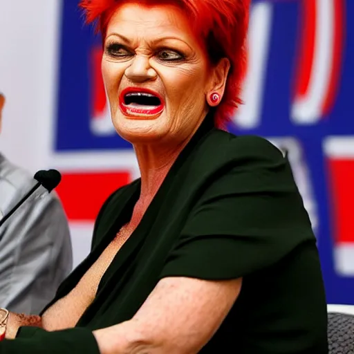 Image similar to Pauline Hanson poking out her forked snake tongue