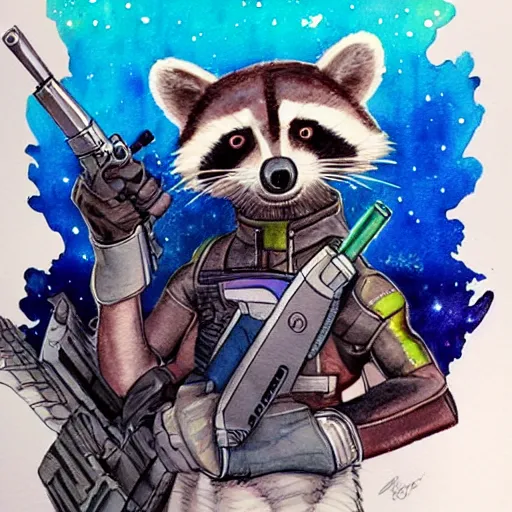 Prompt: racoon holding a laser gun, guardians of the galaxy style, centered award winning watercolor pen drawing, by caroline choi, edited by range murata