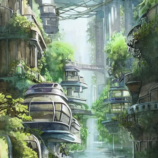 Prompt: Narrow cosy waterway in beautiful overgrown futuristic sci-fi city in harmony with nature. Nice colour scheme, soft warm colour. Beautiful detailed watercolor by Lurid. (2022)