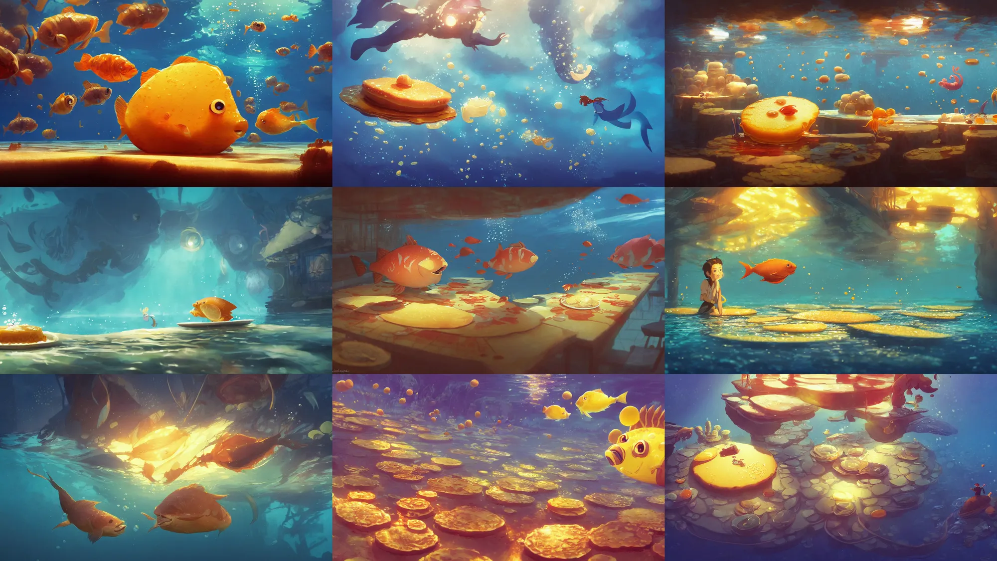 Image similar to digital underwater art of a happy flat pancake fish swimming in syrup, cute, 4 k, fish made of pancake, fantasy food world, living food adorable pancake, vivid atmospheric lighting, by makoto shinkai, studio ghibli, greg rutkowski, ross tran