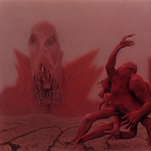 Prompt: an atmosperic photo by Zdzisław Beksiński of a monstrous , red , bleeding giant causing chaos upon an unsuspecting village