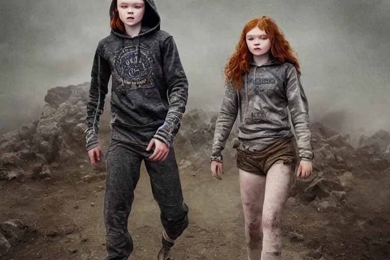 Prompt: sadie sink in a hoodie : runs fast. cyborg behind : runs fast. dirt, fantasy, soviet dystopian art by ayami kojima, vasnetsov, cedric peyravernay