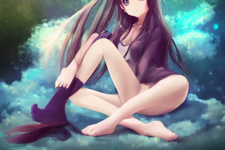 Image similar to a cute beautiful anime girl sitting on a cloud relaxing, digital painting, anime, portrait