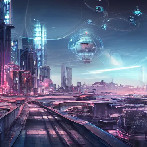 Image similar to futuristic city with neon lights and flying cars panoramic view surrounded by post apocalyptic wasteland, concept art, 4 k, intricate detail, sharp focus