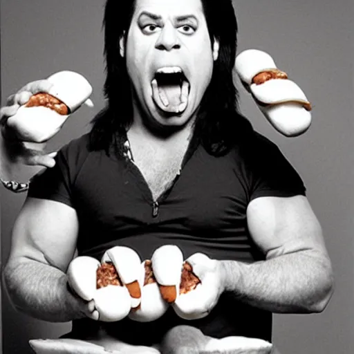 Prompt: danzig shoving a dozen hotdogs into his mouth