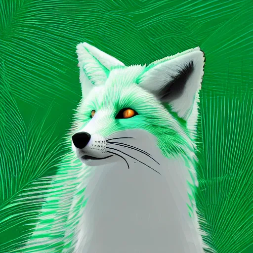 Prompt: digital green and white fox, green and white retrowave palette, green and white digital world, green and white highly detailed, green and white electric breeze, anatomically correct vulpine, synth feel, fluffy face, ear floof, flowing fur, super realism, accurate animal imagery, 4 k digital art