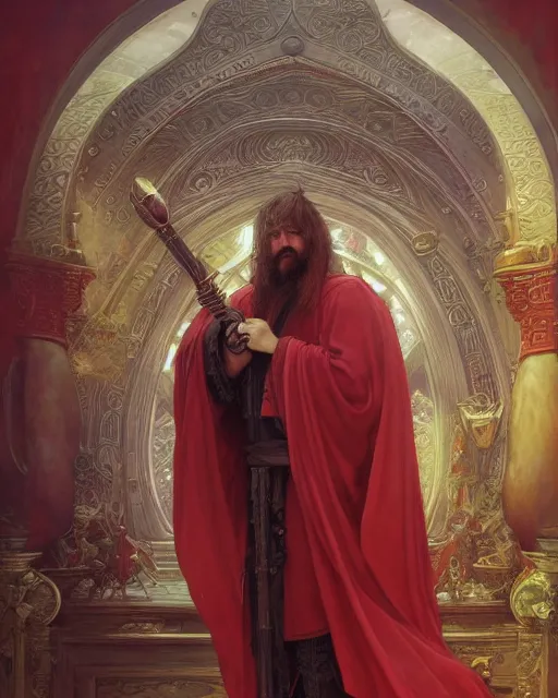 Image similar to A Full View of a Red Wizard wearing a robe and ornate armor. masterpiece 4k digital illustration by Ruan Jia and Mandy Jurgens and Artgerm and greg rutkowski and Alexander Tsaruk and WLOP and william-adolphe bouguereau, award winning, Artstation, art nouveau aesthetic, Alphonse Mucha background, intricate details, realistic, panoramic view, Hyperdetailed, 8k resolution, intricate art nouveau