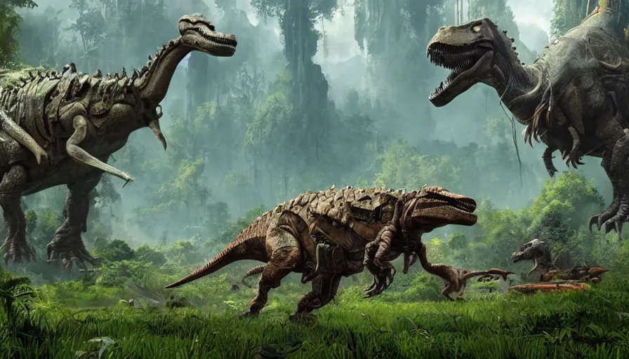 Image similar to A machinated dinosaur hybrid of a BEHEMOTH strolling along a lush green forest from the playstation 5 game Horizon Zero Dawn world, sci-fi concept art, highly detailed, oil on canvas by James Gurney