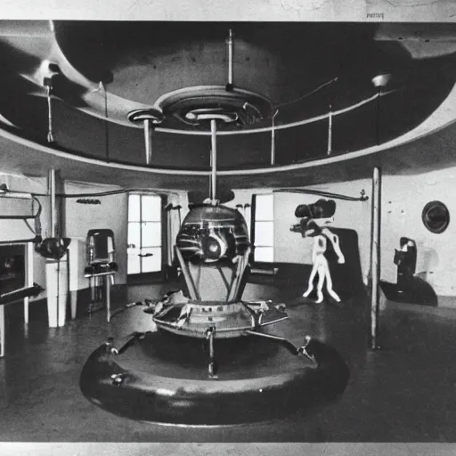 Image similar to interior photo of alien laboratory with strange device at the center of a room