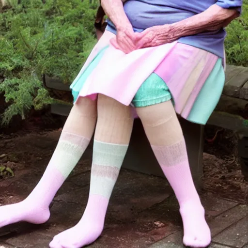 Prompt: old man wearing pastel stockings and skirt, gender non - conforming, elderly feminine man