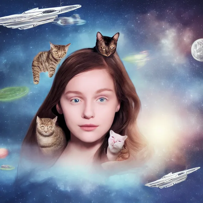 Prompt: the face of a beautiful girl from the future, surrounded by cats, flies in a spaceship, detailed, concept matte painting