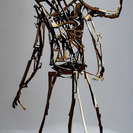 Image similar to a contemporary art sculpture of a tall man running with long arm and a big head, in the style of jean tinguely, made of intricate metal and wood, thick paint, intricate, dirty, leds, indoor, studio lighting, hyper realistic, detailed, 8 k