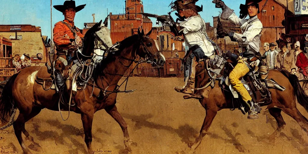 Prompt: Cyborg riding a horse in the wild west street. Norman Rockwell style. Ultra-high details.