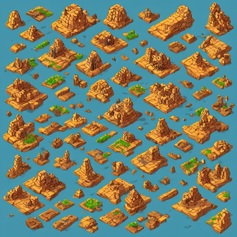 Image similar to set of isometric game tiles, containing a boulder, a wizard's tower, a cave, and several mines, colored lineart