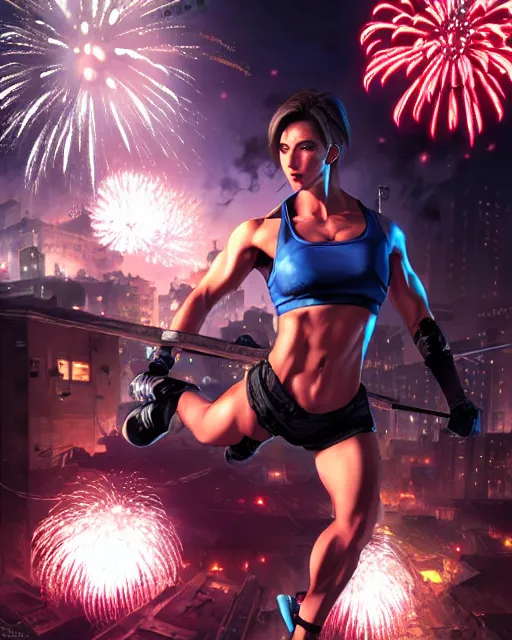 Image similar to gigachad jill valentine bodybuilder jumping in front of a fireworks show fighting in racoon city, fantasy character portrait, ultra realistic, anime key visual, full body concept art, intricate details, highly detailed by greg rutkowski, ilya kuvshinov, gaston bussiere, craig mullins, simon bisley