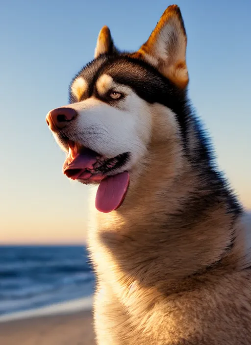 Prompt: a brown husky wearing sunglasses, relaxing at the beach, eyes closed, Golden hour, bokeh, 4k photo,