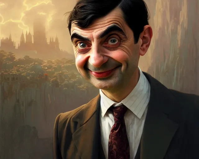 Image similar to a young mr bean looking very happy, photography of kurzgesagt, deep focus, d & d, fantasy, intricate, elegant, highly detailed, digital painting, artstation, concept art, matte, sharp focus, illustration, hearthstone, art by artgerm and greg rutkowski and alphonse mucha