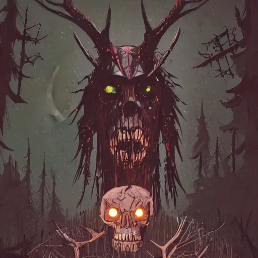 Prompt: a wendigo, by ismail inceoglu, eerie monster, skull head, gaunt and monstrous, evil, illuminated by the moonlight