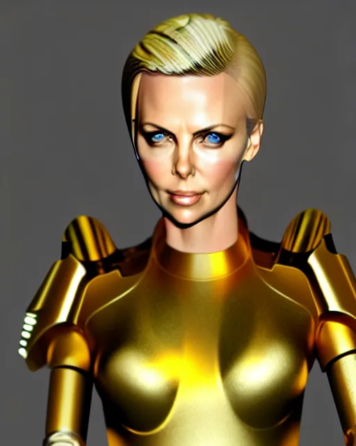 Prompt: hyper realitic render of charlize theron, sci fi warrior in gold hi tech armor, manga style