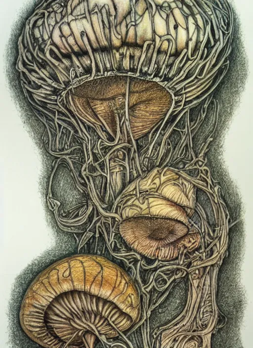 Prompt: a hybrid between a mushroom and a house,, insanely detailed, studio light, hr giger, colored pencil