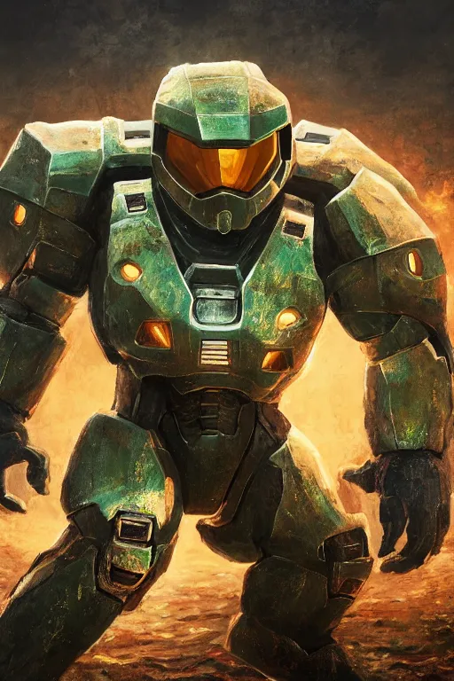 Image similar to golem pokemon playing as master chief, oil on canvas, intricate, 8 k highly professionally detailed, hdr, cgsociety