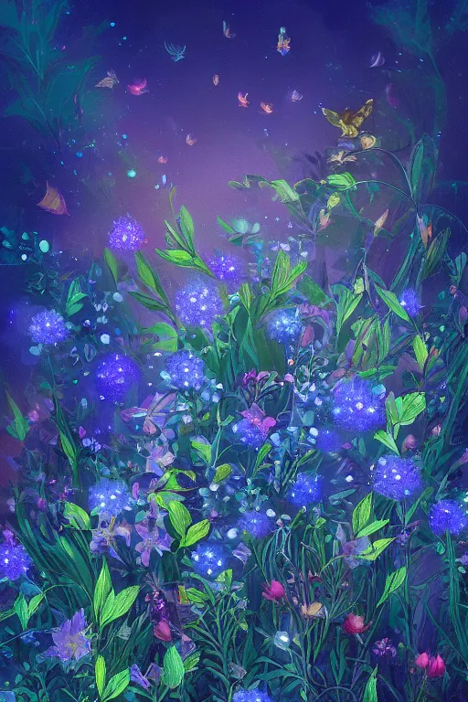 Image similar to beautiful digital matter cinematic painting of whimsical botanical illustration blue flowers fireflies enchanted dark background, whimsical scene by greg rutkowki artstation