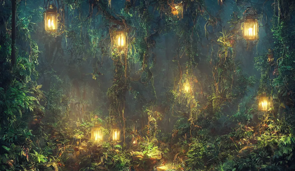 Image similar to jungle, path, lanterns, stars, torches, fireflies, bioluminescence, fire, fog, insane details, intricate, elite, ornate, elegant trend, highly detailed and intricate, sharp focus, photography, unreal engine, trending on artstation, photorealistic, octane, hyper detailed, trending on deviantart,