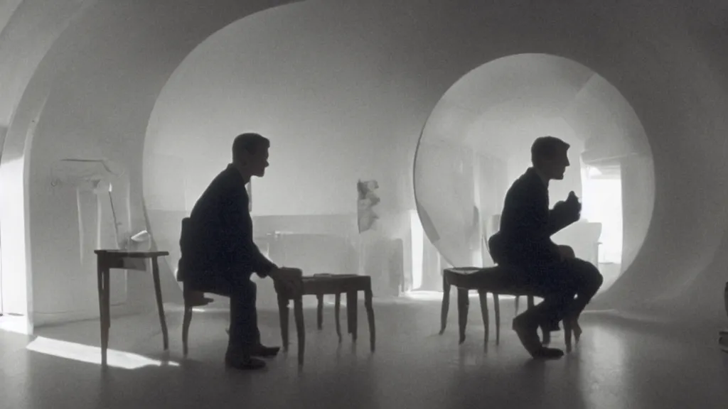 Image similar to an mri slice of james cavell in the living room, film still from the movie directed by denis villeneuve with art direction by salvador dali, wide lens