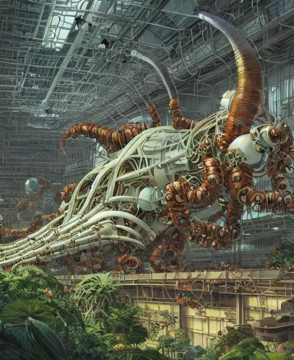 Image similar to a giant industrial plant made out of isopod wasp octopus, in the style of a spaceship, overgrown with orchids, godbeams, partly cloudy, somber, dramatic lighting, by geof darrow, dan mumford, yusuke murata, makoto shinkai, ross tran, cinematic, unreal engine, cel shaded, featured on artstation, pixiv