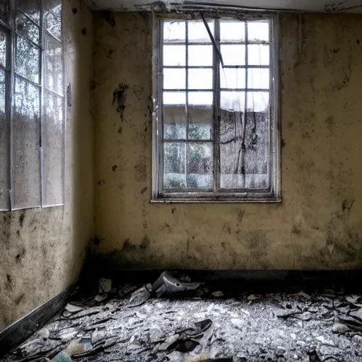 Prompt: photo inside a rotting abandoned hospital with checkered tiles and no windows, horror movie set