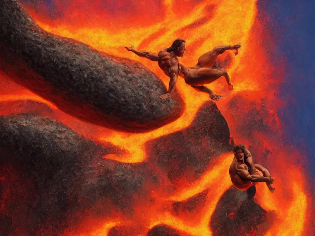 Image similar to detailed portrait of an arnold schwarzenegger surfing on lava by boris vallejo, volcano eruption on the background, stunning scene, 8 k, digital painting, hyperrealism, bright colors, trending on artstation