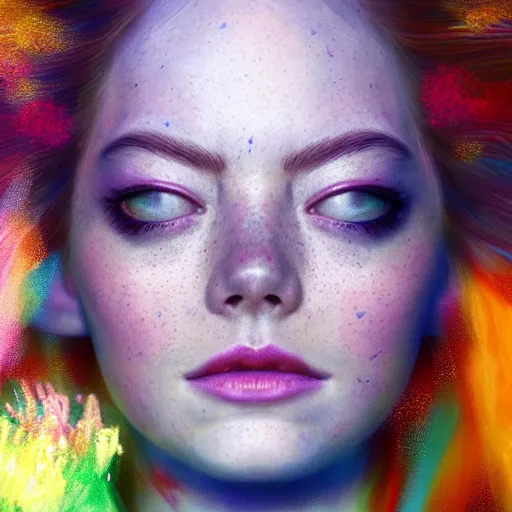 Prompt: emma stone, portrait by ruan jia and miho hirano, colorful, vibrant, majestic, royal open wide eyes, flowers on hair, glowing light orbs, intricate concept art, elegant, digital painting, smooth, sharp focus, ethereal opalescent mist, outrun, vaporware, cyberpunk darksynth, ethereal, ominous, misty, 8 k, rendered in octane