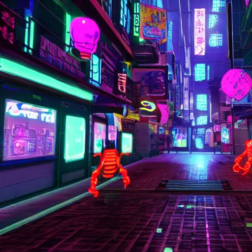 Prompt: A cat walking in a neon-lit alley of a cybercity with many shops with neon signs written in an Asian-like script, Chinese lanterns, and humanoid robots with monitors for their heads, wearing human jackets and chatting with each other. Unreal engine. Video game