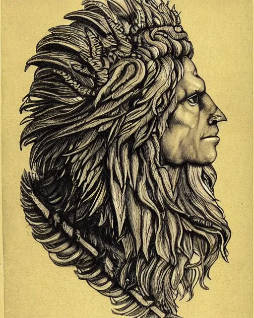 Prompt: human / eagle / lion / ox hybrid. horns, beak, mane, human body. symmetrical. drawn by da vinci