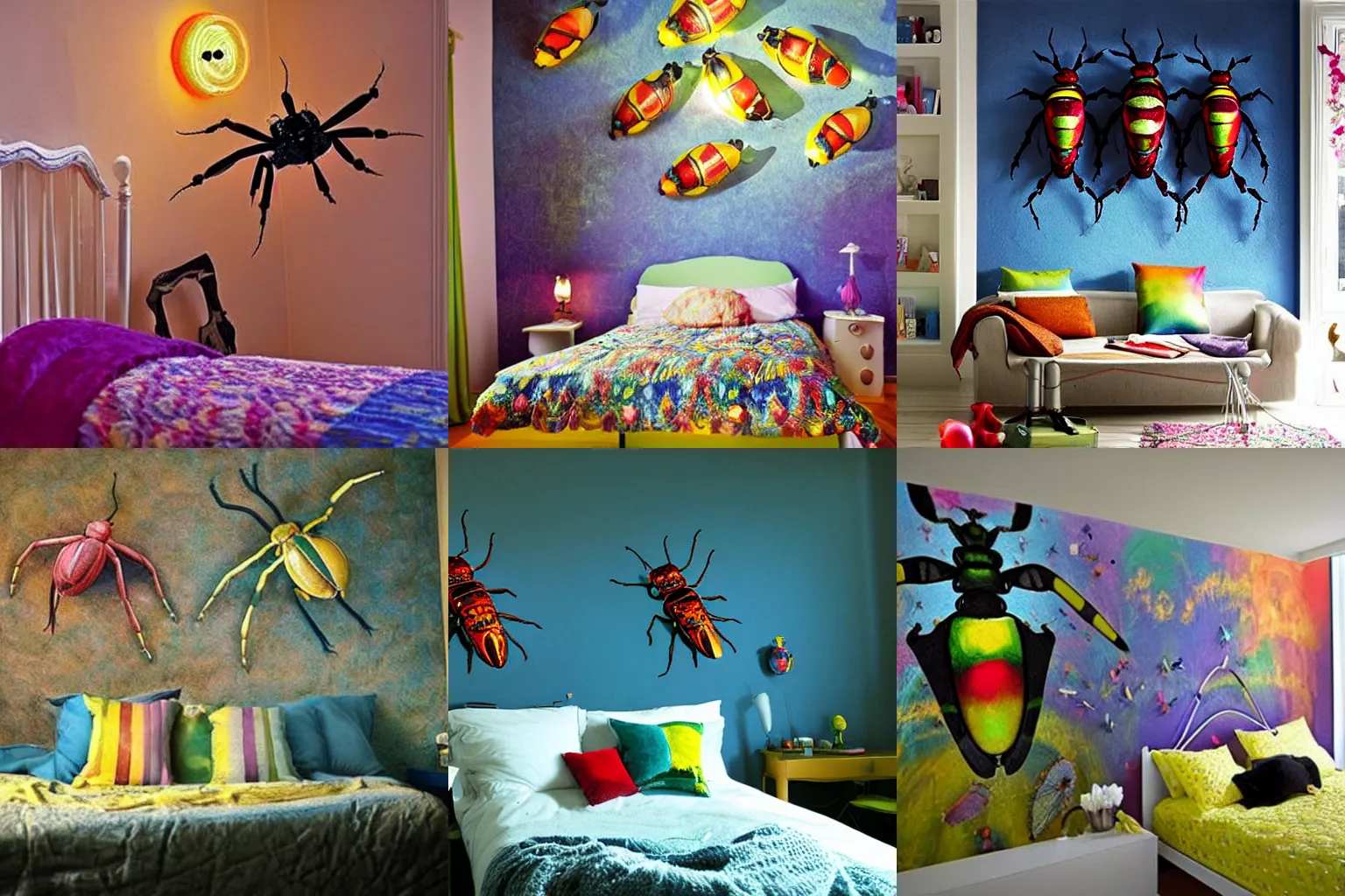 Prompt: Multicolored giant beetles that glow, on bedroom wall, nighttime, Coraline (2009), giant beetles, interior design, staging, beautiful, ethereal