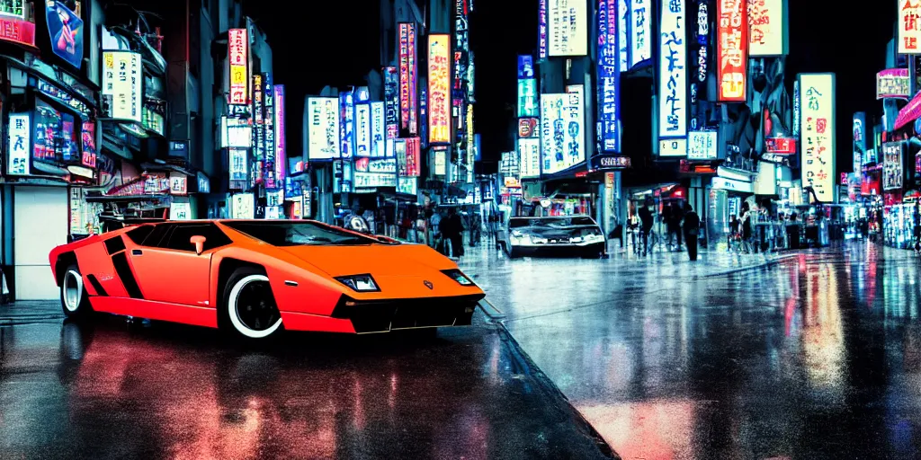 Image similar to photograph of two different coloured lamborghini countach parked in a rainy neo tokyo street at night with neon light signs illuminating the scene, sharp focus, highly detailed, ray tracing, cinematic, moody, hdr, 4 k, incredible detail, epic, misty, slight bokeh