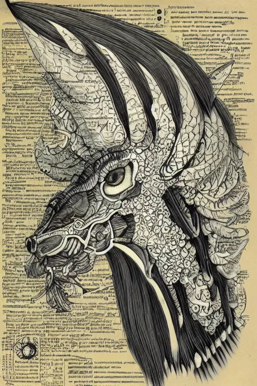 Image similar to anatomical encyclopedia illustration of a kirin, photorealistic, diagram, intricate details