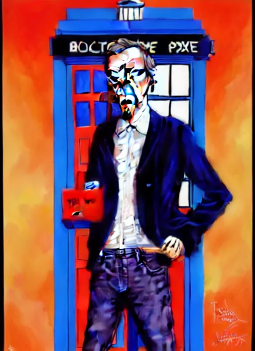 Image similar to portrait of hugh laurie standing next to the tardis from doctor who, portrait, pixar style, by tristan eaton stanley artgerm and tom bagshaw.