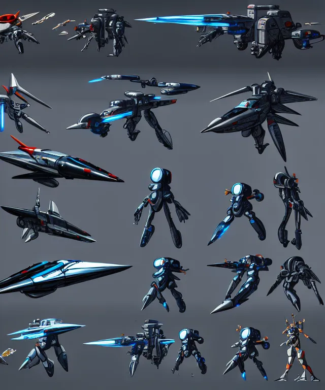 Image similar to 2 d shooter game concept art sprite sheet!!!, robotech gradius outer space concept art, hyperrealism, fine detail, 8 k, 3 d render, artstation contest winner, cgsociety, cryengine, zbrush, vray, no background