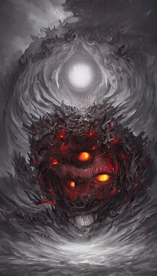 Image similar to a storm vortex made of many demonic eyes and teeth, by wlop