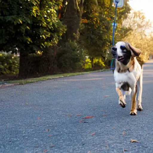 Prompt: good dog walking down the street