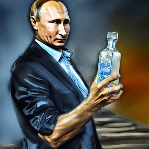 Image similar to putin holding a bottle of arak ayalim, cinematic, beautiful digital painting, hyper detailed