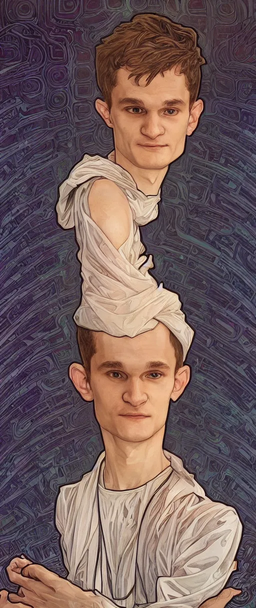 Image similar to vitalik buterin portrait, art by artgerm and greg rutkowski and alphonse mucha