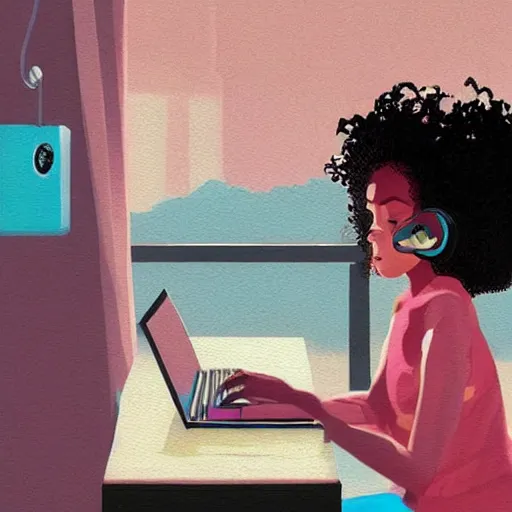 Prompt: lo-fi colorful masterpiece painting, black girl, curly hair, with headphones, studyng in bedroom, window with rio de janeiro view, lo-fi illustration style, by WLOP, by loish, by apofis, alive colors